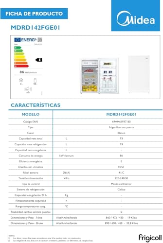 Midea Mini Frigorífico 93L, Bajo Consumo, Silencioso, Hogar/Oficina