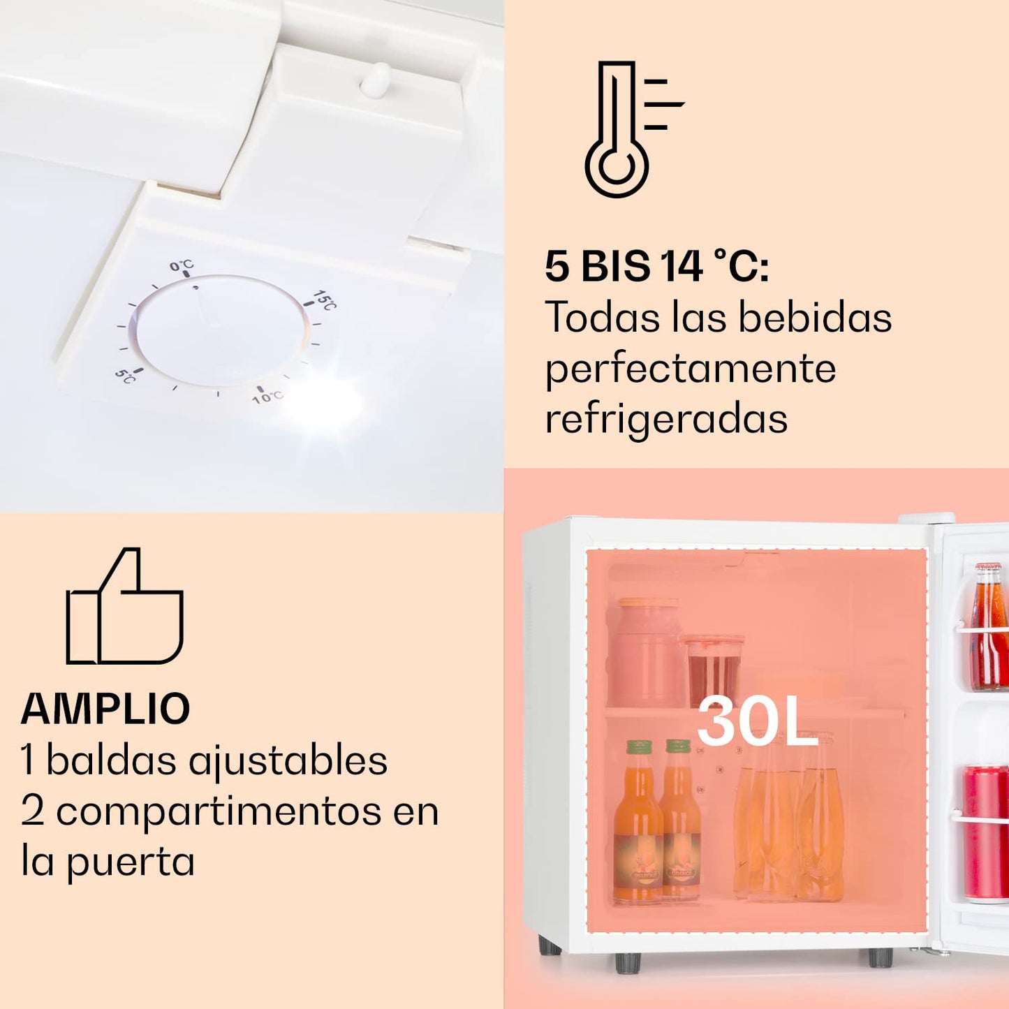 KLARSTEIN Mini Nevera 30L, Frío 0-15°C, Estantes Ajustables