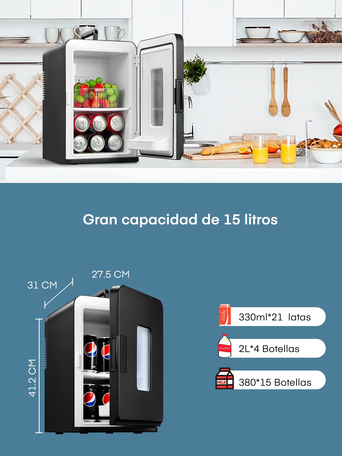 NORTHCLAN Mini Nevera 15L, Portátil 12V/230V, Frío/Calor, Negro