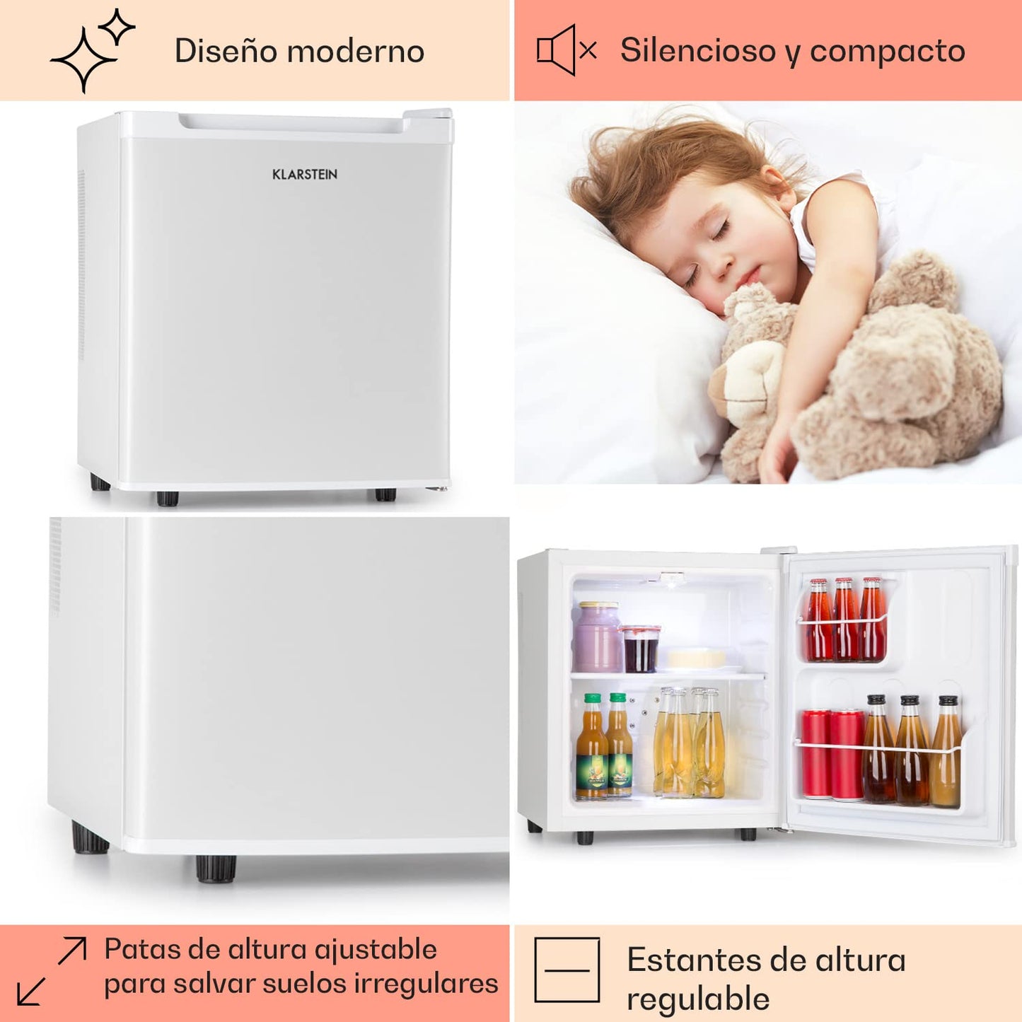 KLARSTEIN Mini Nevera 30L, Frío 0-15°C, Estantes Ajustables