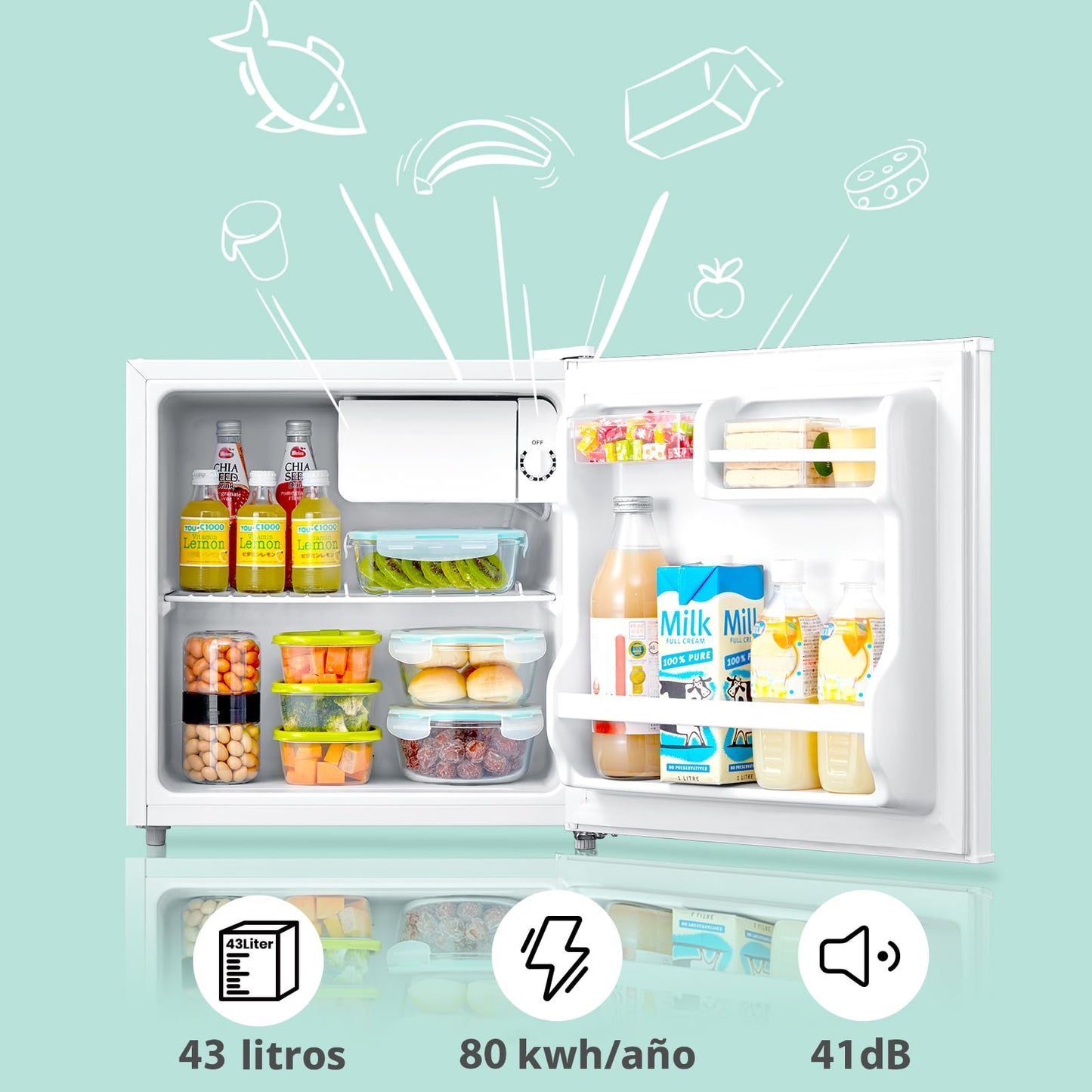 COMFEE' RCD50WH2(E) Mini Frigorífico 43L, Silencioso, Blanco