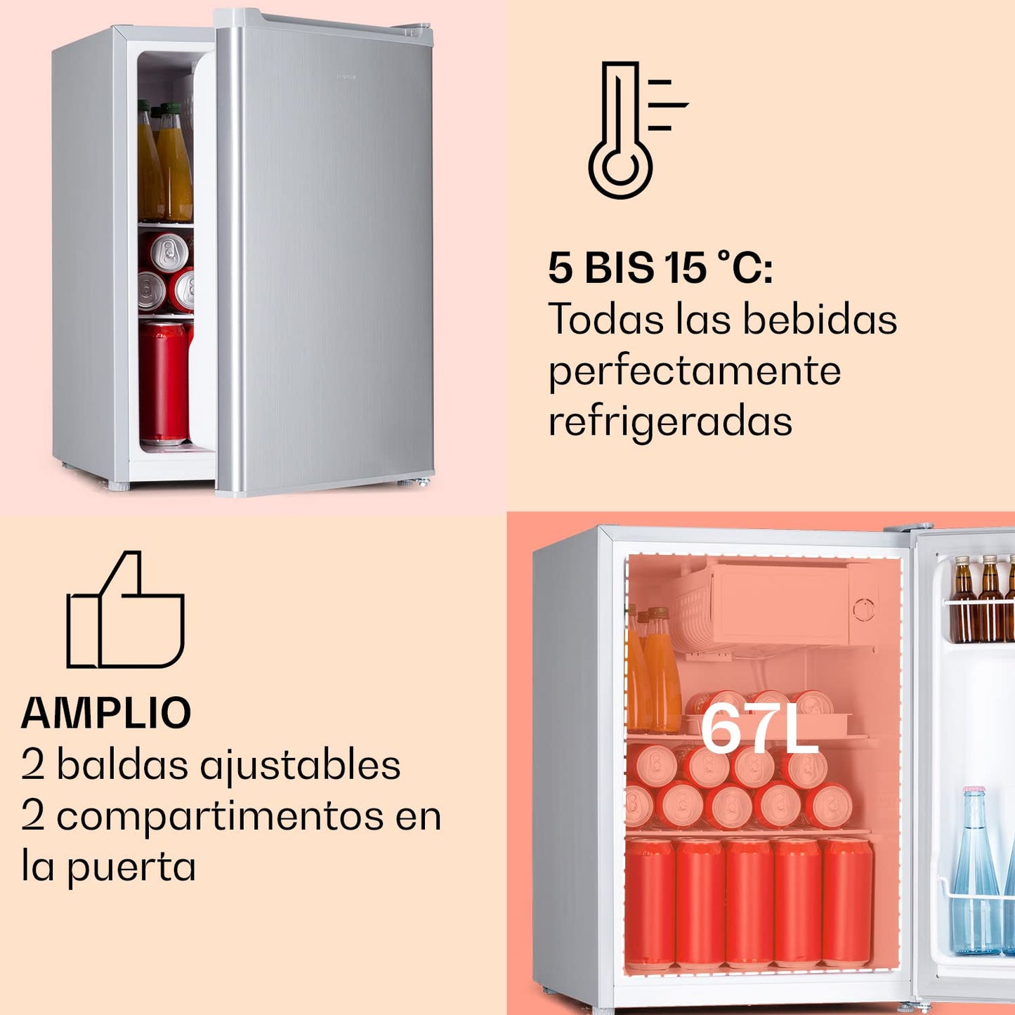 Klarstein Mini Nevera 67L con Congelador 4L, Cristal, Silenciosa