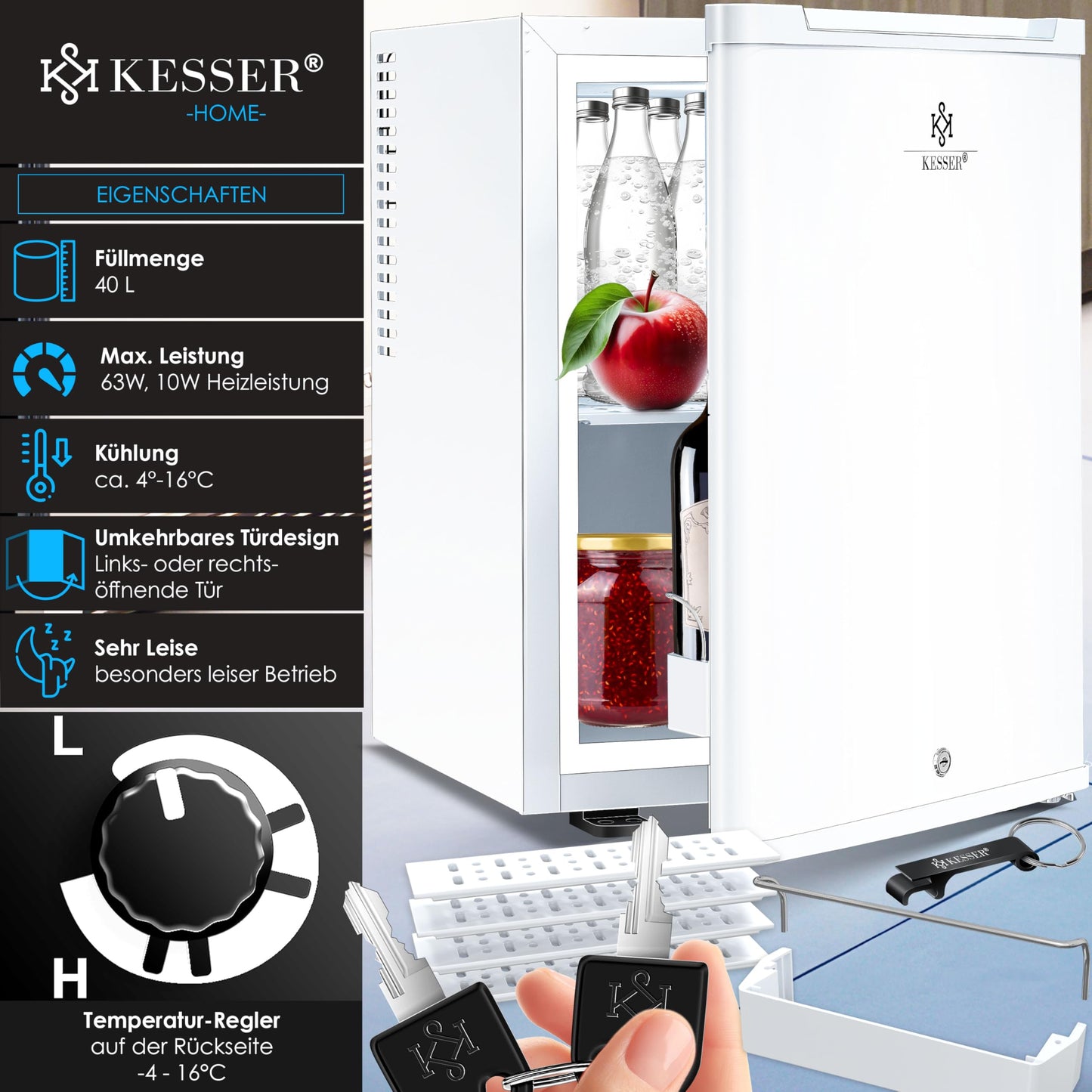 KESSER® Mini Nevera 40L, Silenciosa 22dB, Blanco, Cerradura