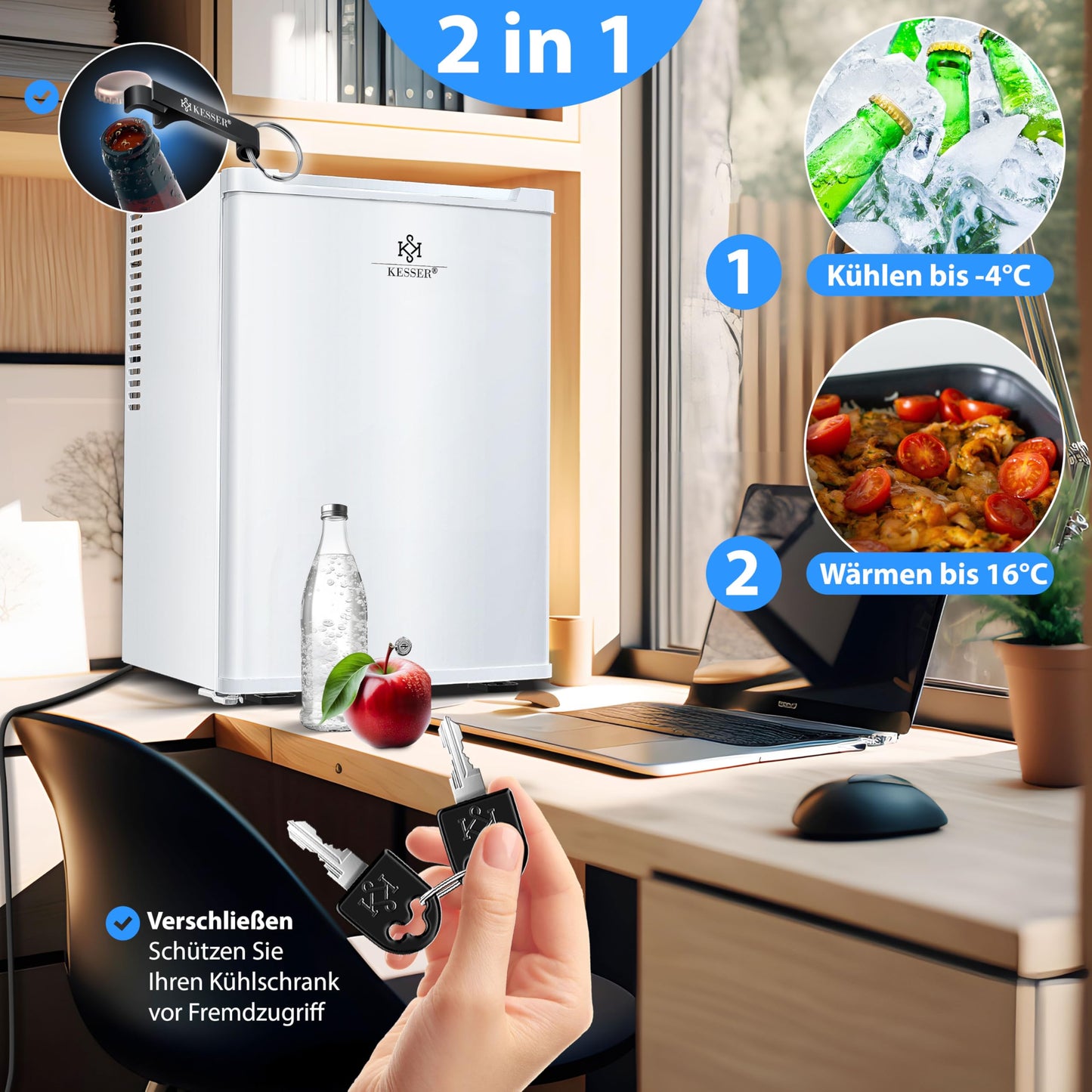 KESSER® Mini Nevera 40L, Silenciosa 22dB, Blanco, Cerradura