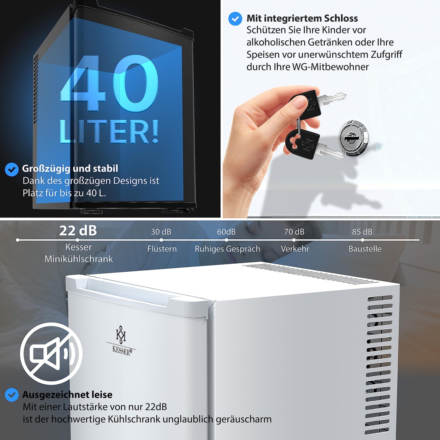 KESSER® Mini Nevera 40L, Silenciosa 22dB, Blanco, Cerradura