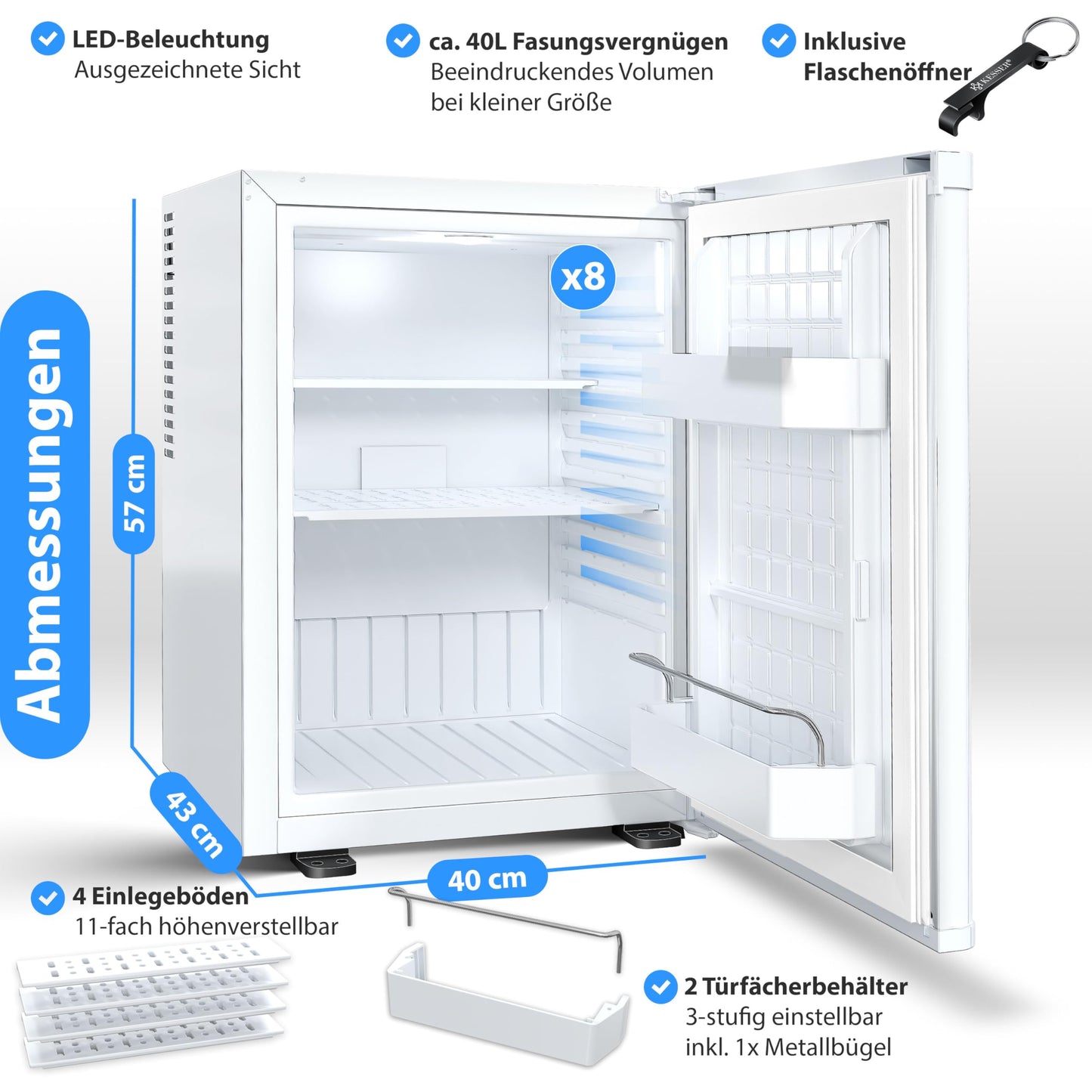 KESSER® Mini Nevera 40L, Silenciosa 22dB, Blanco, Cerradura
